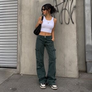 Disclosure Pants Womens 7/28 Green Cargo Utility Wide Leg Cotton Streetwear Y2K